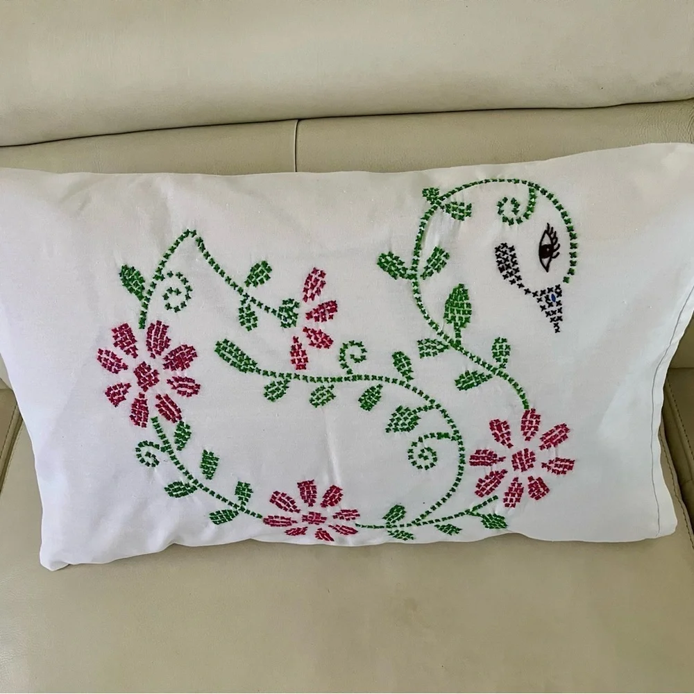Embroidered Floral White Pillow 17/25 inches